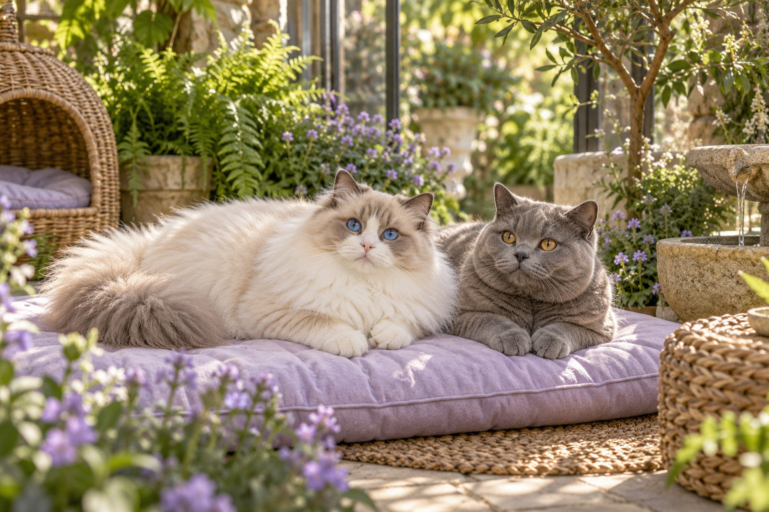 Two adorable fluffy cats relaxing together on a lavender cushion in a leafy garden